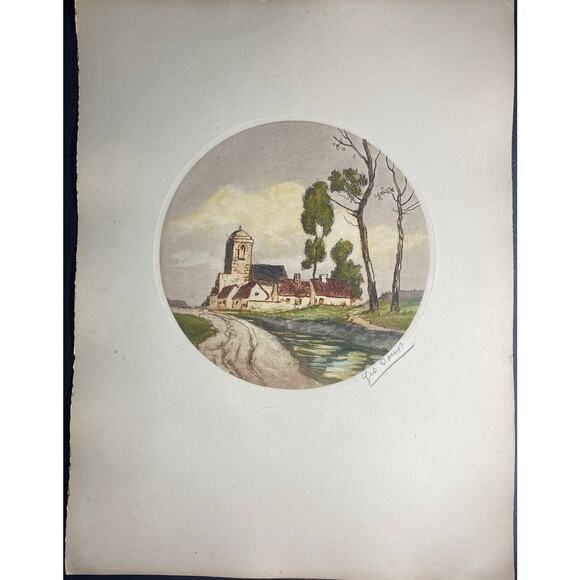 Geo Worn — Hand-Colored Etching Village Scene by River, European Landscape - Picture 4 of 6
